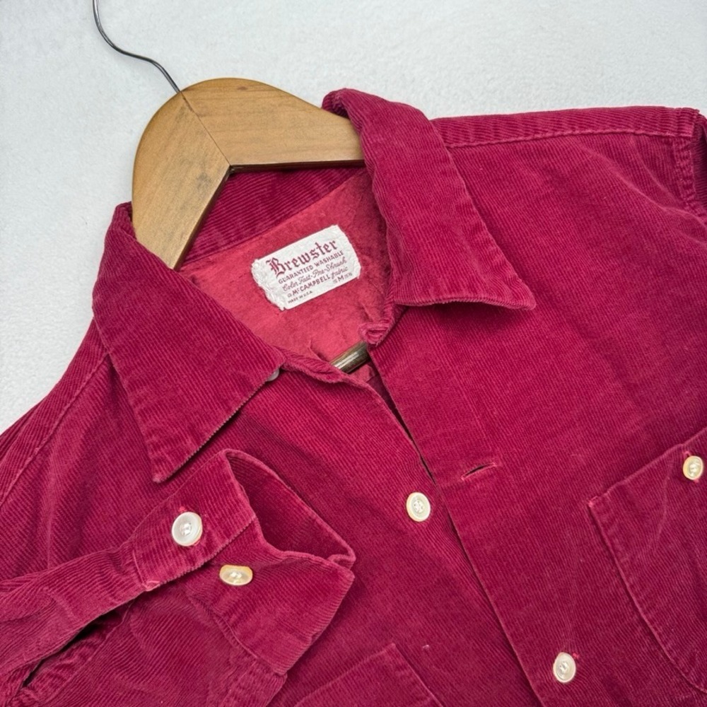Vintage Brewster Shirt Mens Medium Red Maroon Corduroy Loop Collar USA made Camp